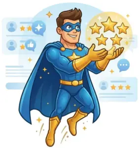 Un supereroe dei cartoni animati con un costume blu e giallo fluttua nell'aria mentre raccoglie stelle dorate, circondato da icone dei social media e valutazioni a stelle sullo sfondo: un'immagine che illustra perfettamente come “aumentare le recensioni” possa aiutarti a brillare.
